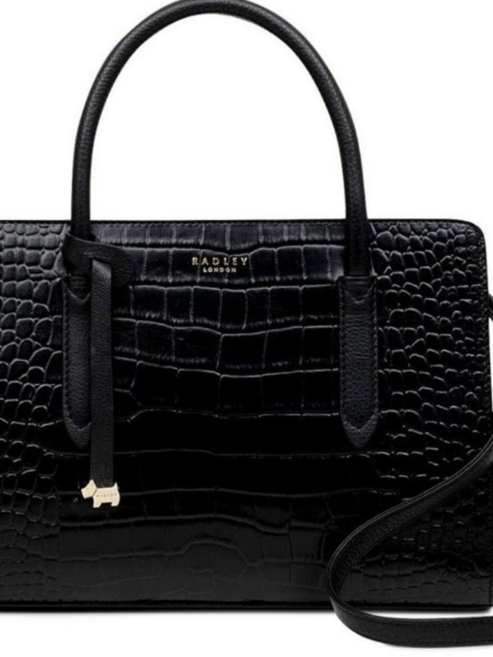 RADLEY LONDON Black Croc-Embossed Satchel with Gold Hardware w/crossbody strap